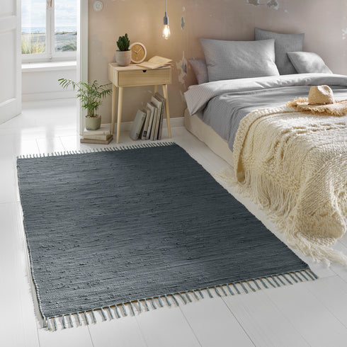 Flicken-Teppich 100% Baumwolle | Waschbarer Fleckerl mit Fransen | Anthrazit